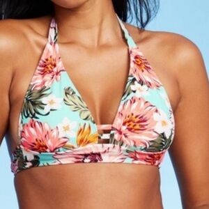 Kona Sol Aqua Blue Floral Halter Bikini Top. Size Large